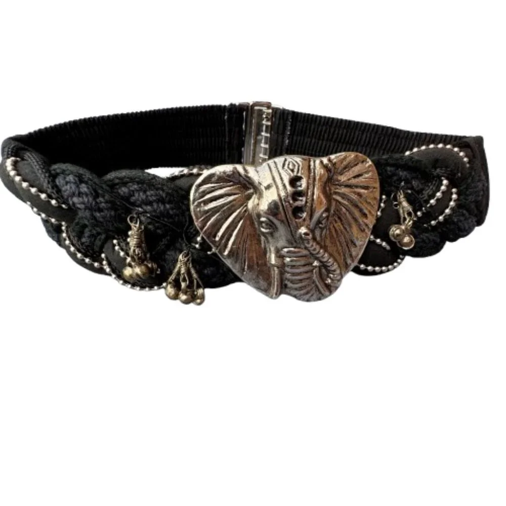 VTG Belt Braided Fabric Silver Elephant Buckle Hanging Charms Black 26-31